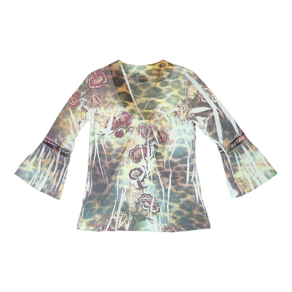 California Bloom Women's Top Bell Sleeve Shirt Blouse Size Medium Floral Print